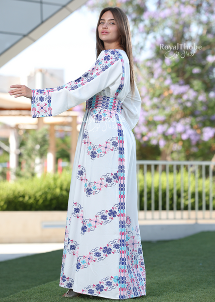 White/Blue Simple Flower Long Full Embroidered Thobe