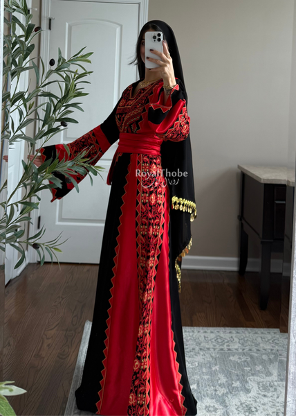 Black/Red Classic Simple Satin Long Full Embroidered Thobe