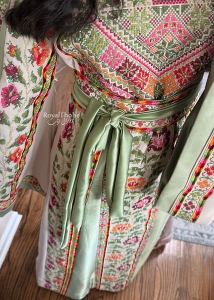 Beige/Sage Floral Long Full Embroidered Thobe