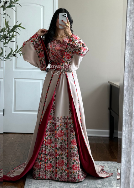 Bridal Beige/Burgundy Warda Full Embroidered Thobe