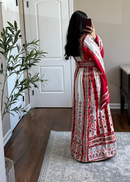 White/ Red Satin Maleka Kasab Full Embroidered Thobe