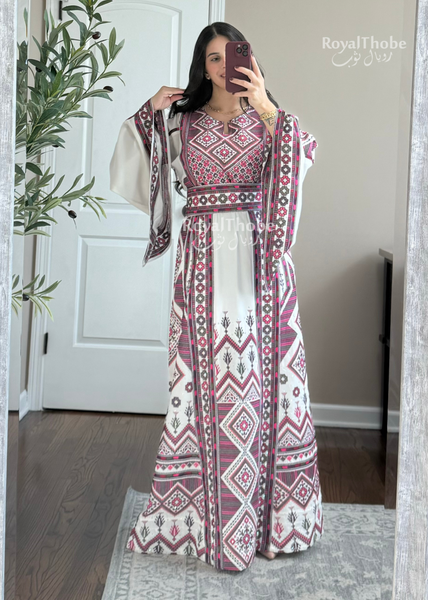 White/Purple Dimond Long Full Embroidered Thobe