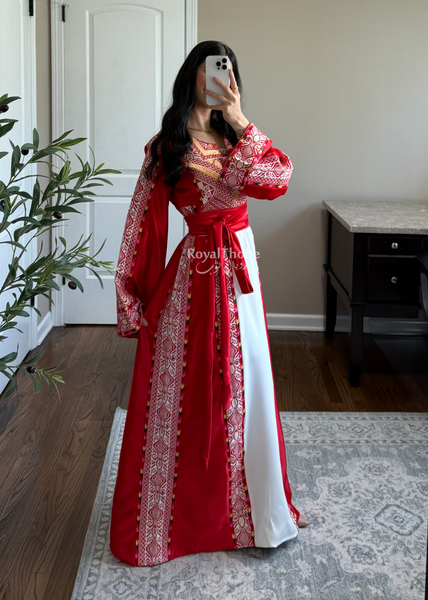 White/ Red Satin Classic Full Embroidered Thobe