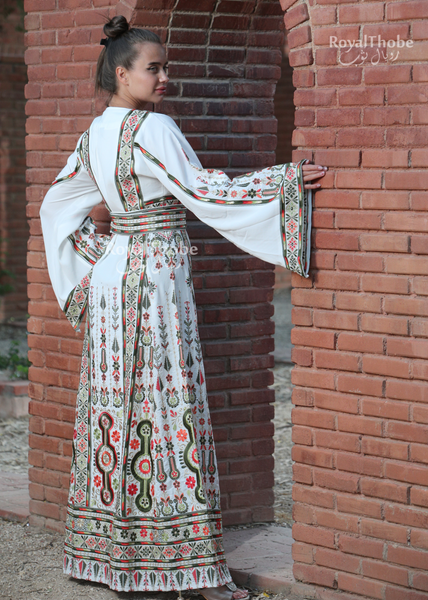 New White/Green Flower Maleka Long Full Embroidered Thobe