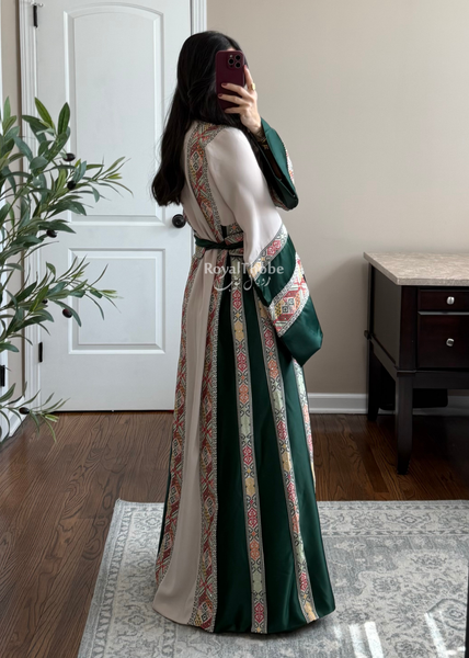 Beige/Olive Green Simple Full Embroidered Thobe