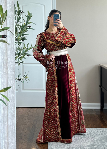 Velvet Burgundy Side Maleka Long Full Embroidered Thobe With Beige Reversible Suede Belt