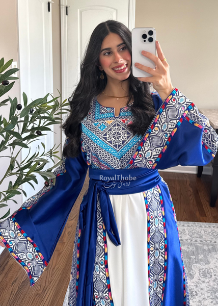 White/ Blue Satin Classic Full Embroidered Thobe