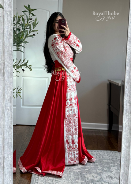 Bridal White/Red Satin Straight Long Full Embroidered Thobe With Attached Red Satin Skirt