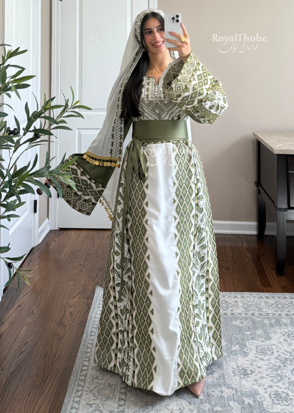 White/ Olive Green Zaytona Full Embroidered Thobe