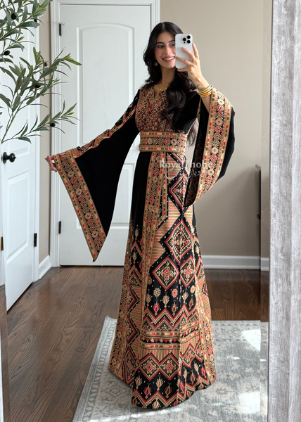 Black//Gold Dimond Long Full Embroidered Linen Fabric Thobe