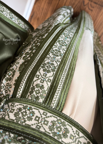 Beige/ Olive Green Malekah Full Embroidered Thobe