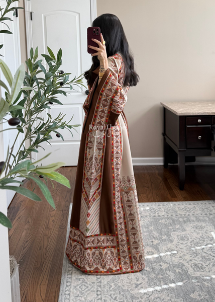 Beige/Brown Triangle Full Embroidered Thobe