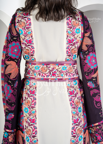 White/Purple Wardeh Long Full Embroidered Thobe