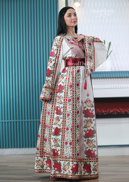 Bridal White Floral Modern Thobe With A Matching Embroidered Shaleh