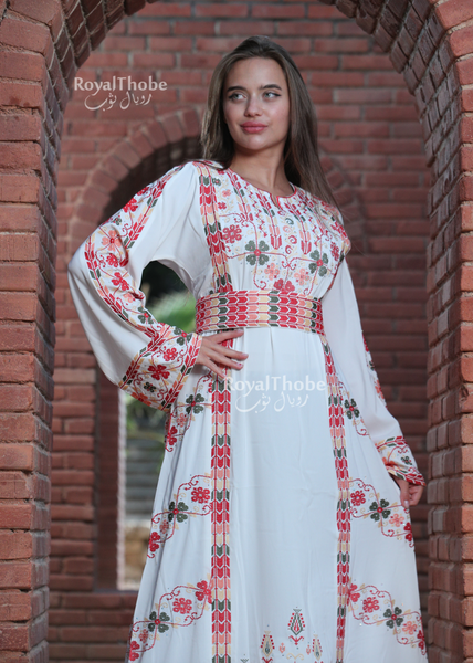 White/Red Simple Flower Long Full Embroidered Thobe