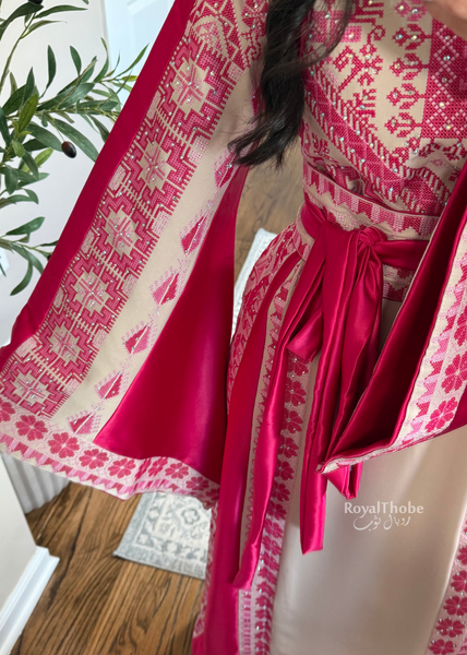 Beige/Pink Floral Long Full Embroidered Thobe