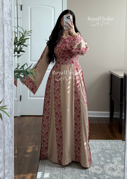 Beige/Burgundy Elegant Floral Full Embroidered Thobe