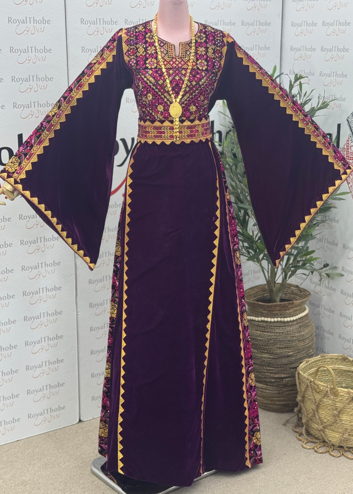 Velvet Dark Burgundy/ Purple Simple Floral Long Embroidered Thobe/Dress