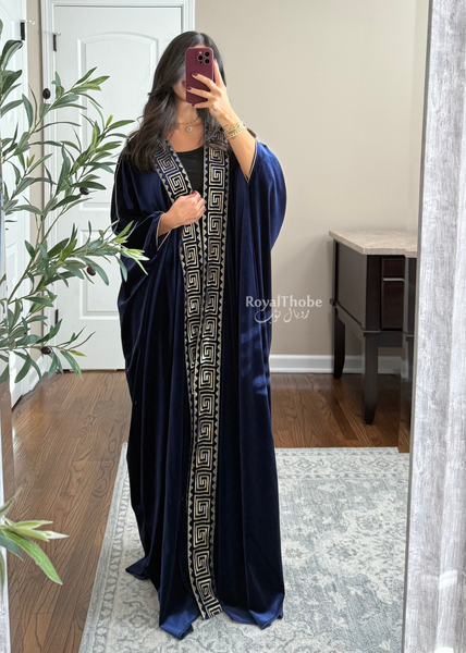 Navy Blue Velvet Kasab Gold Squares Bisht  -Free Size