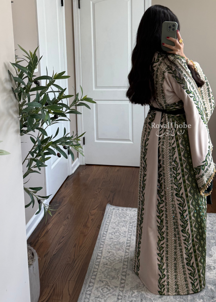 Beige/ Olive Green Zaytona Branches Full Embroidered Thobe With Fringe Sleeves
