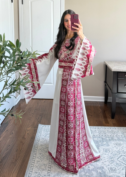 White/ Pinkish Maroon Simple Full Embroidered Thobe