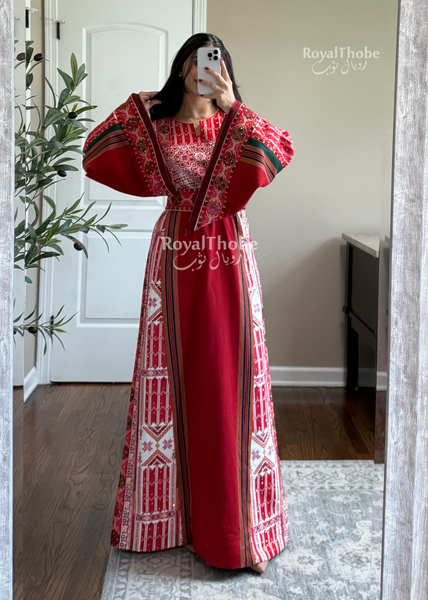 Red/White Majdlawe Long Full Embroidered Thobe