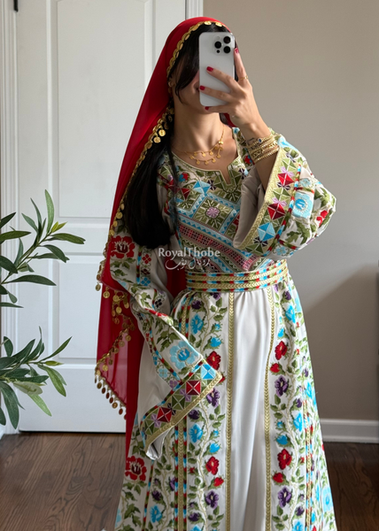 Beige/Cream Colorful Wardeh Kasab Long Full Embroidered Thobe