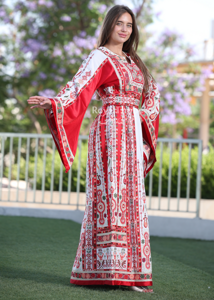 White/Red Flower Maleka Full Embroidered Thobe With Red Satin Reversible Belt