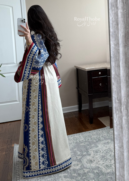 Cream/Royal Blue Maleka Majdlawe Long Full Embroidered Thobe