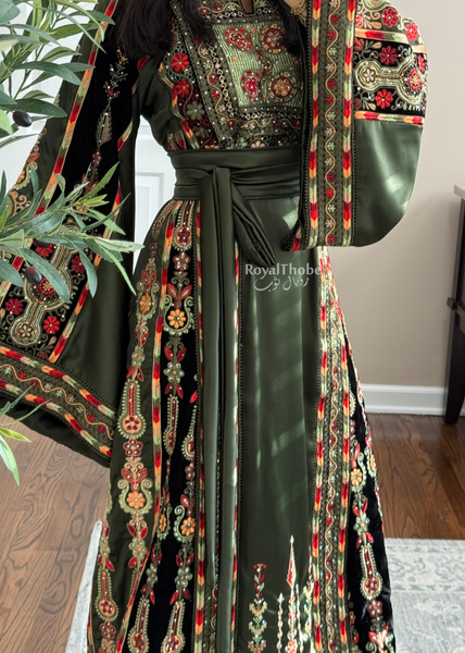 Olive Green Satin & Black Velvet Maleka Fully Embroidered Thobe