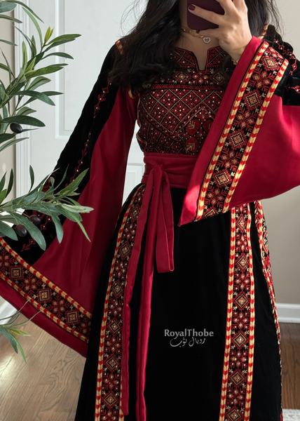 Velvet Black/Burgundy Simple Long Fully embroidered Thobe