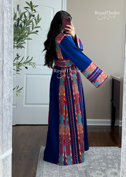 Royal Blue Modern Square Neck Long Full Embroidered Thobe