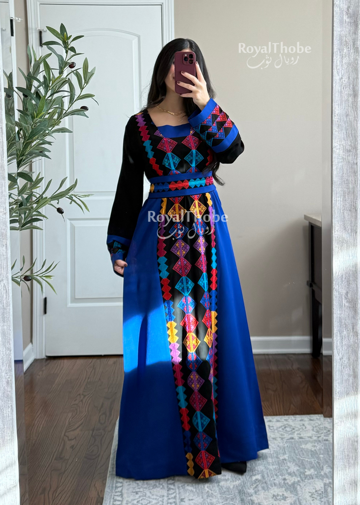 Colorfull Thobe Black/Royal Blue Colorful Square Neck Long Full Embroidered Thobe