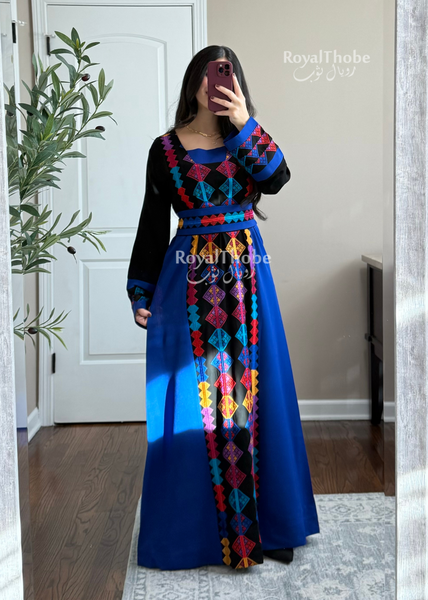 Black/Royal Blue Colorful Square Neck Long Full Embroidered Thobe