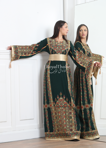Olive Green Flower Lines Side Full Embroidered Thobe