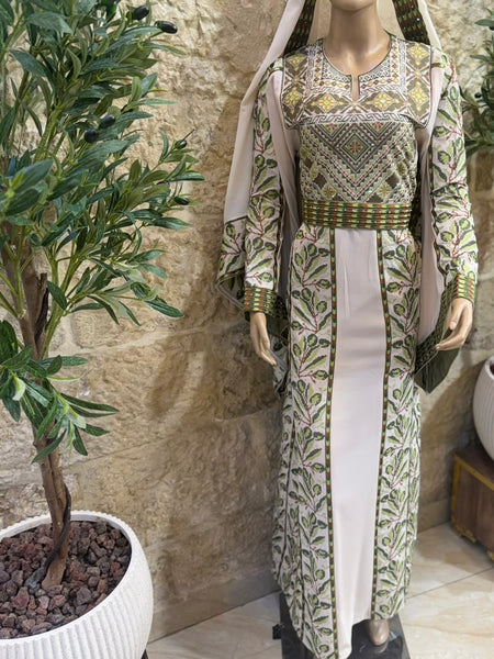 Beige/ Green & Brown Olive Branches Long Full Embroidered Thobe.