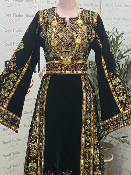Velvet Olive Green Maleka Long Full Embroidered Thobe