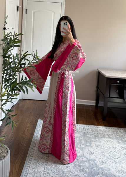 Beige/Pink Diamond Long Full Embroidered Thobe