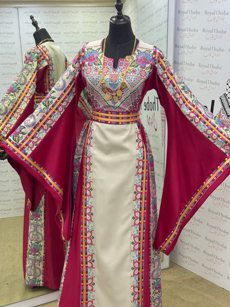 Pink & Cream Beige Satin  Floral Full Embroidered Thobe