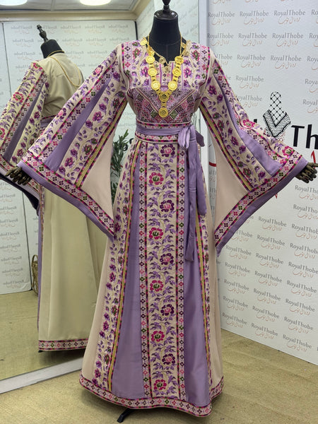 Beige / Lavender Floral Long Full Embroidered Thobe