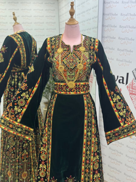 Velvet Olive Green Maleka Long Full Embroidered Thobe