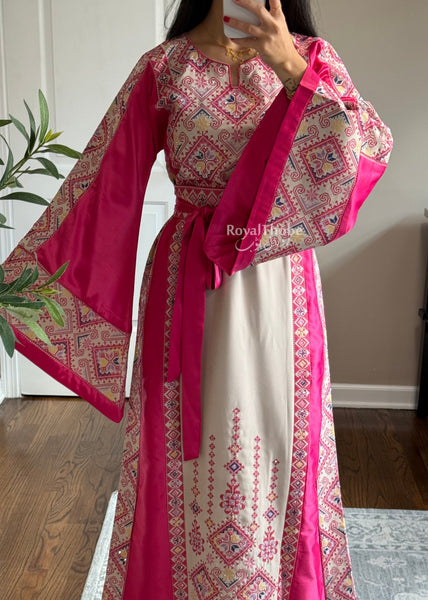 Beige/Pink Diamond Long Full Embroidered Thobe