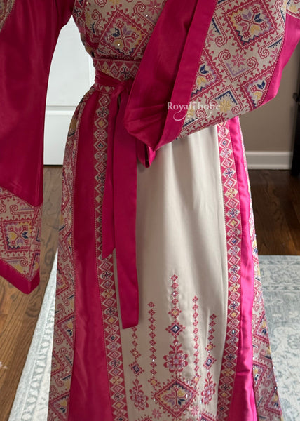 Beige/Pink Diamond Long Full Embroidered Thobe