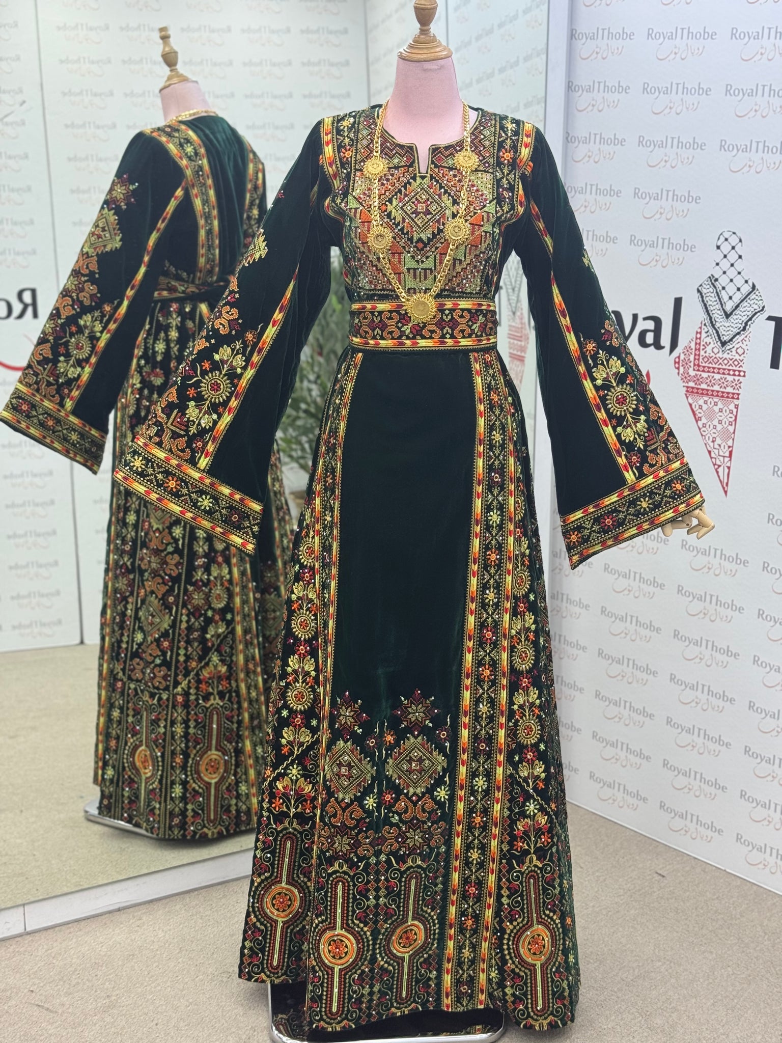 Velvet Olive Green Maleka Long Full Embroidered Thobe