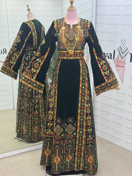 Velvet Olive Green Maleka Long Full Embroidered Thobe