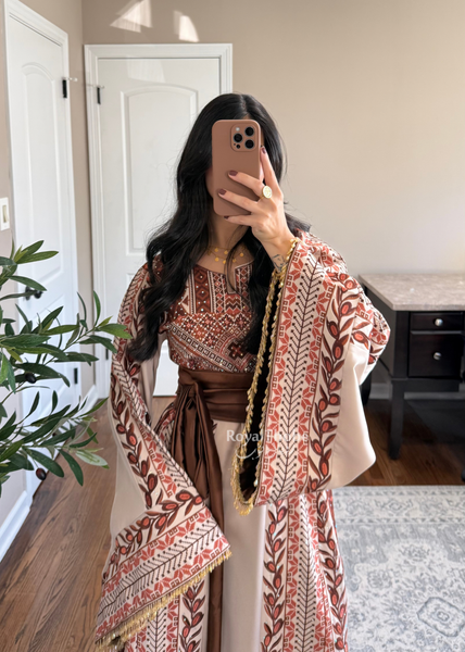 Beige/ Brown Zaytona Branches Full Embroidered Thobe