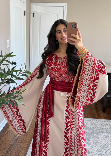 Beige/ Burgundy Zaytona Branches Full Embroidered Thobe