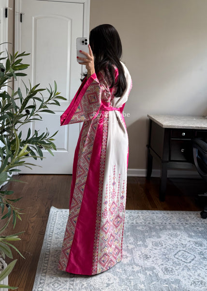 Beige/Pink Diamond Long Full Embroidered Thobe
