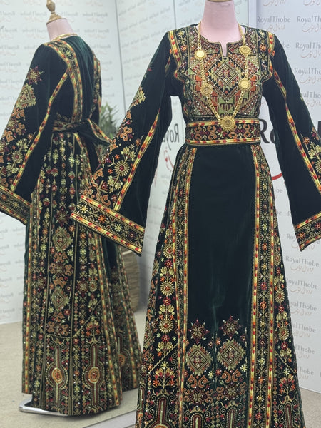 Velvet Olive Green Maleka Long Full Embroidered Thobe