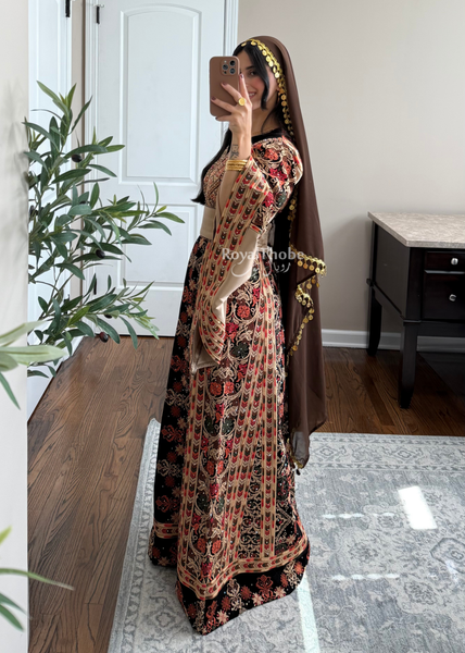 Black/ Brown Zohor And Manajel Full Embroidered Thobe